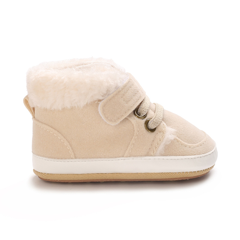 Winter new solid color plush boots for infants and young children, warm, soft, non slip rubber soles, walking shoes