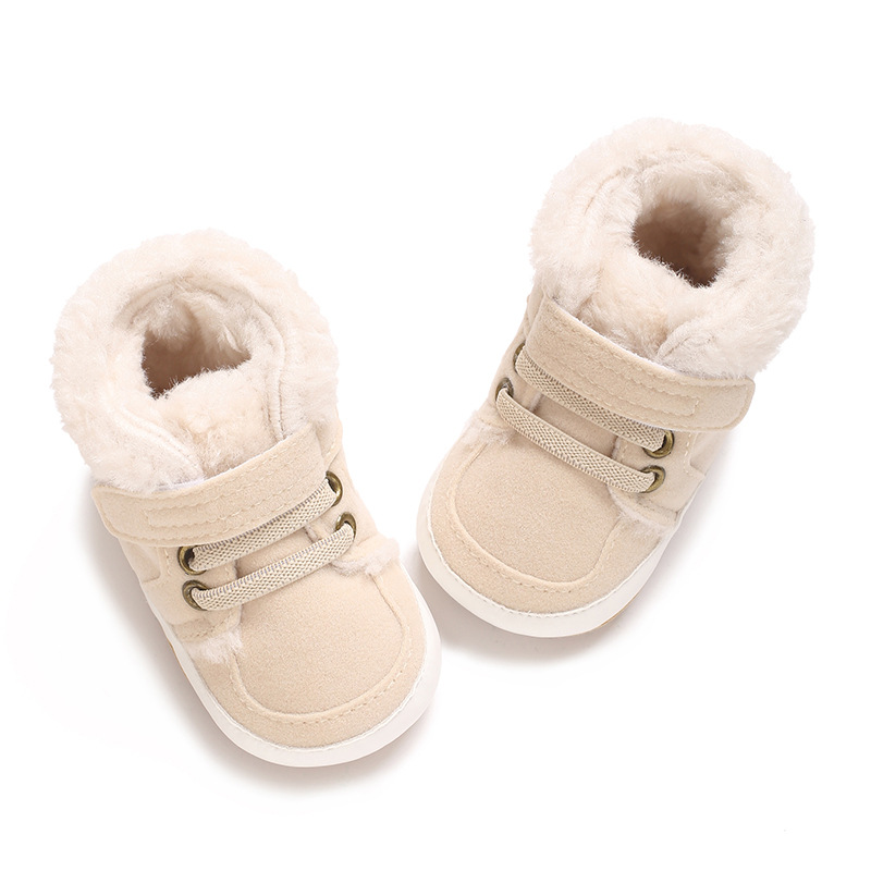 Winter new solid color plush boots for infants and young children, warm, soft, non slip rubber soles, walking shoes