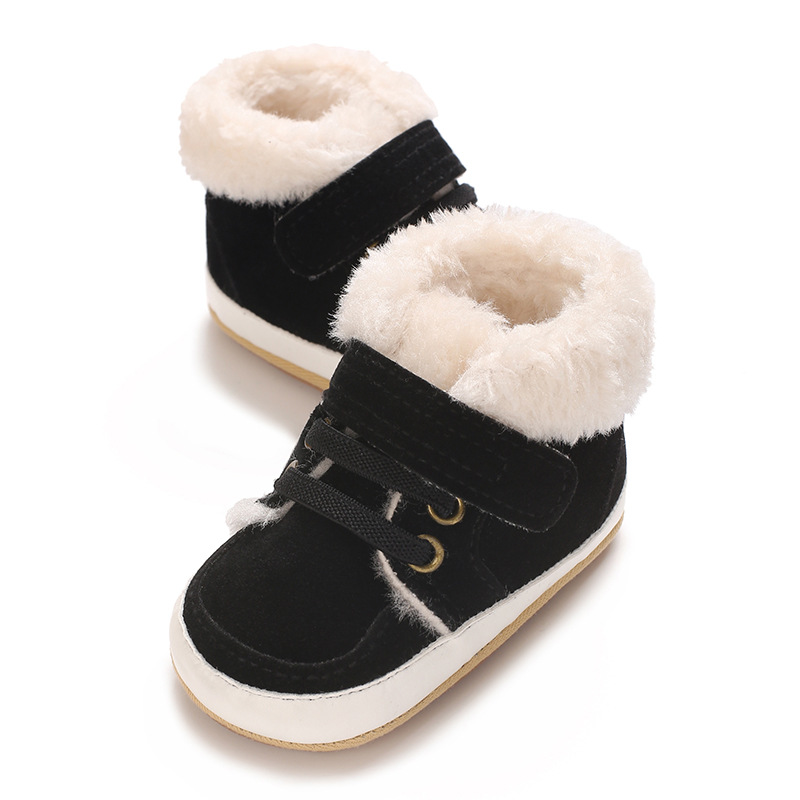 Winter new solid color plush boots for infants and young children, warm, soft, non slip rubber soles, walking shoes