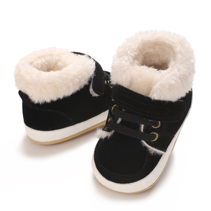 Winter new solid color plush boots for infants and young children, warm, soft, non slip rubber soles, walking shoes