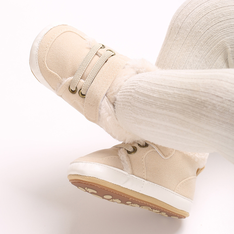 Winter new solid color plush boots for infants and young children, warm, soft, non slip rubber soles, walking shoes
