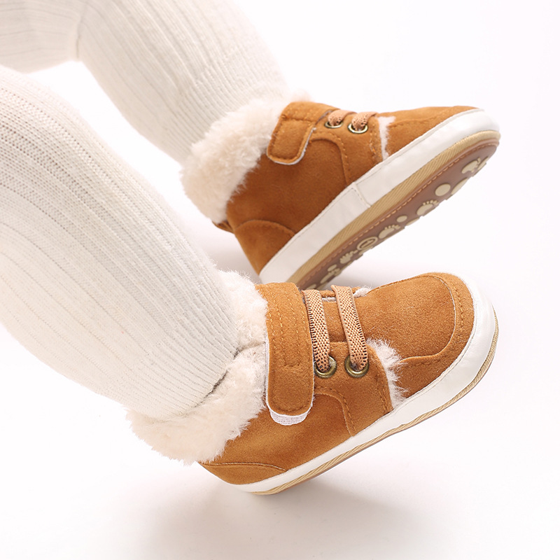 Winter new solid color plush boots for infants and young children, warm, soft, non slip rubber soles, walking shoes