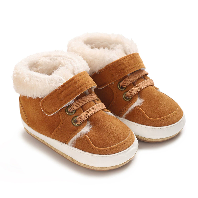 Winter new solid color plush boots for infants and young children, warm, soft, non slip rubber soles, walking shoes