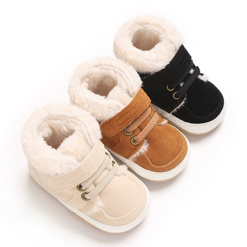 Winter new solid color plush boots for infants and young children, warm, soft, non slip rubber soles, walking shoes