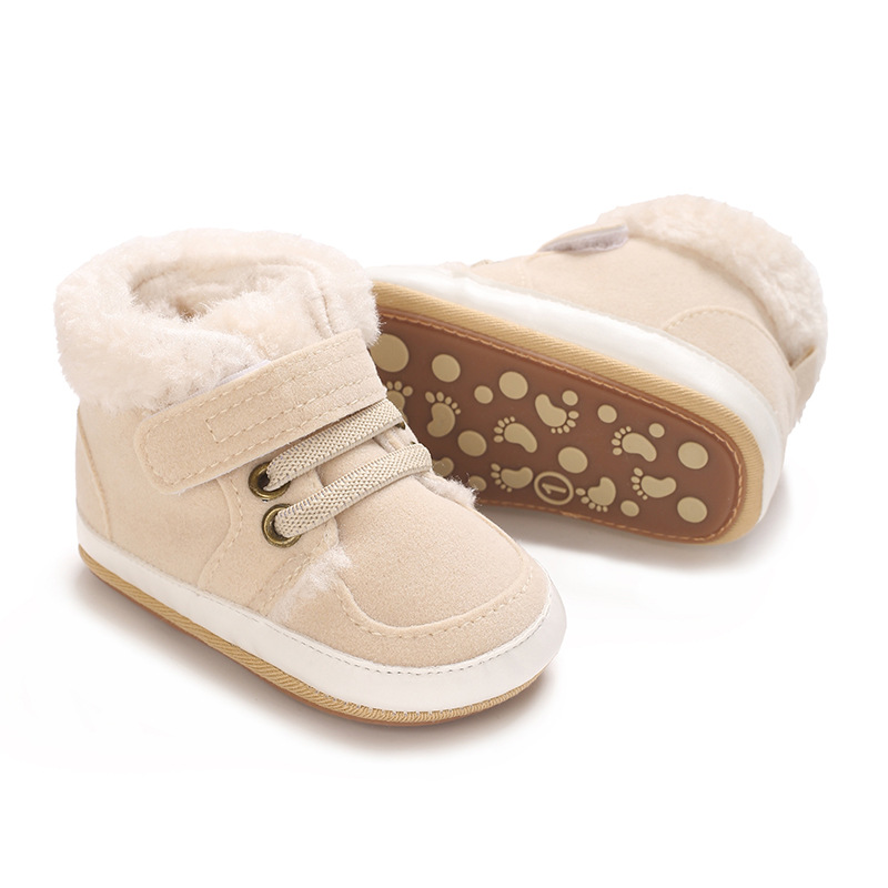 Winter new solid color plush boots for infants and young children, warm, soft, non slip rubber soles, walking shoes