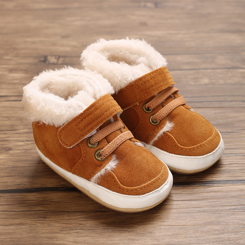 Winter new solid color plush boots for infants and young children, warm, soft, non slip rubber soles, walking shoes