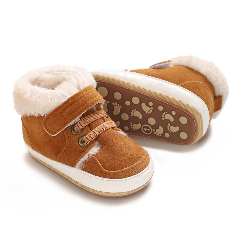 Winter new solid color plush boots for infants and young children, warm, soft, non slip rubber soles, walking shoes