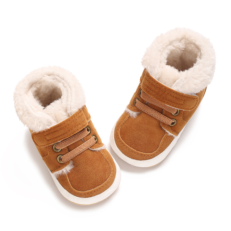Winter new solid color plush boots for infants and young children, warm, soft, non slip rubber soles, walking shoes