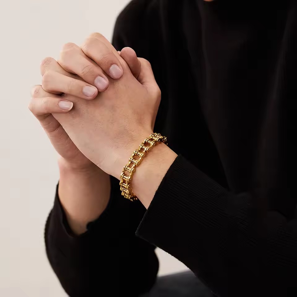 1Pcs Men's Stainless Steel Bracelet Creative Imitation Bicycle Chain Bracelet Trendy Punk Style Daily Wear Accessories A-2226
