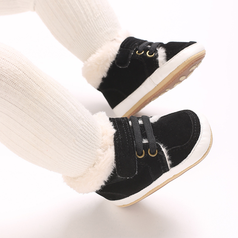 Winter new solid color plush boots for infants and young children, warm, soft, non slip rubber soles, walking shoes
