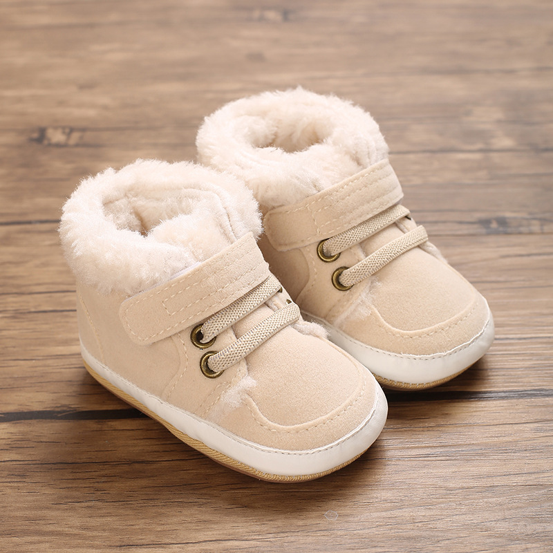 Winter new solid color plush boots for infants and young children, warm, soft, non slip rubber soles, walking shoes