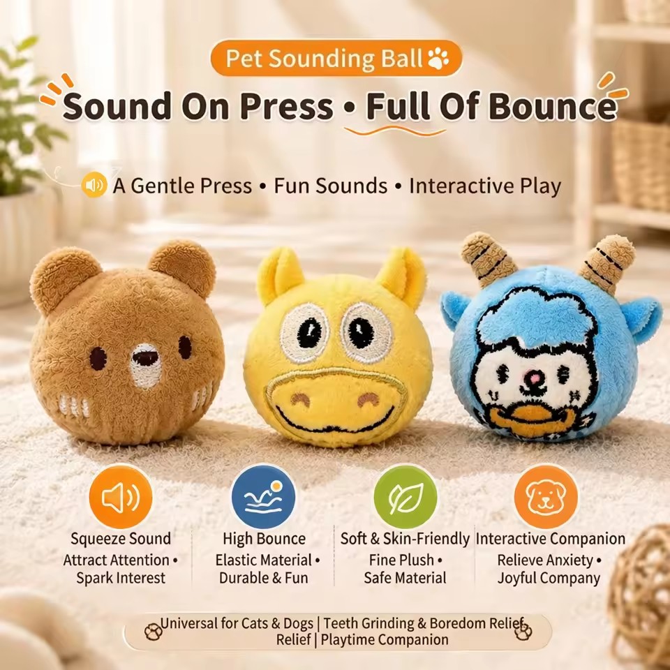 Pet Vocal Toy Cartoon Plush Dog Toy Ball Soft Bouncing Ball Dog Training Toy Ball Bite Resistant Pet Chew Toy Puppy Training