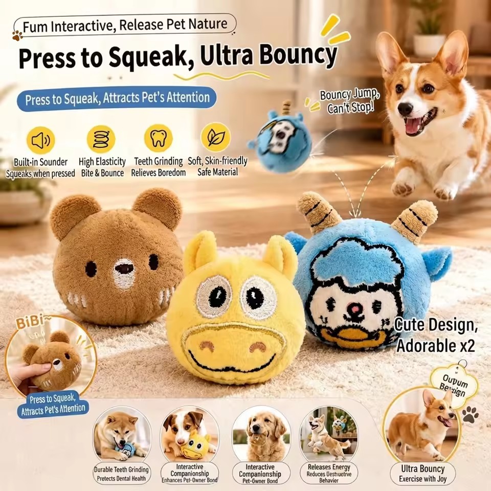 Pet Vocal Toy Cartoon Plush Dog Toy Ball Soft Bouncing Ball Dog Training Toy Ball Bite Resistant Pet Chew Toy Puppy Training