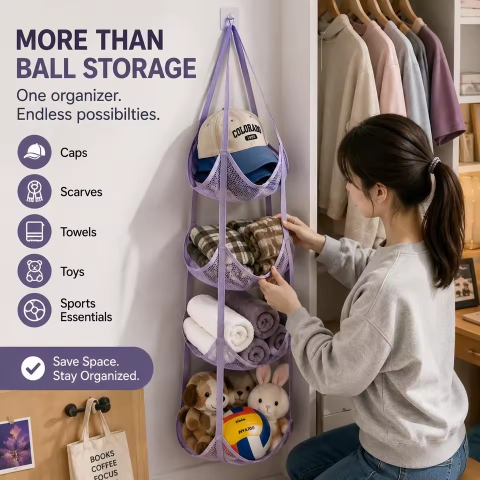 Home Door Hanging Ball Storage Bag Wall Mounted Sports Organizer for Football Basketball Helmets Dolls and Convenient Access
