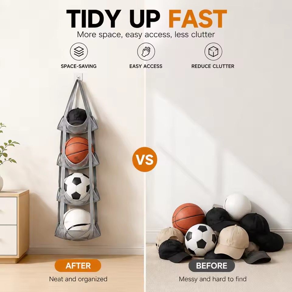 Home Door Hanging Ball Storage Bag Wall Mounted Sports Organizer for Football Basketball Helmets Dolls and Convenient Access