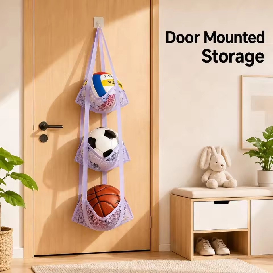 Home Door Hanging Ball Storage Bag Wall Mounted Sports Organizer for Football Basketball Helmets Dolls and Convenient Access