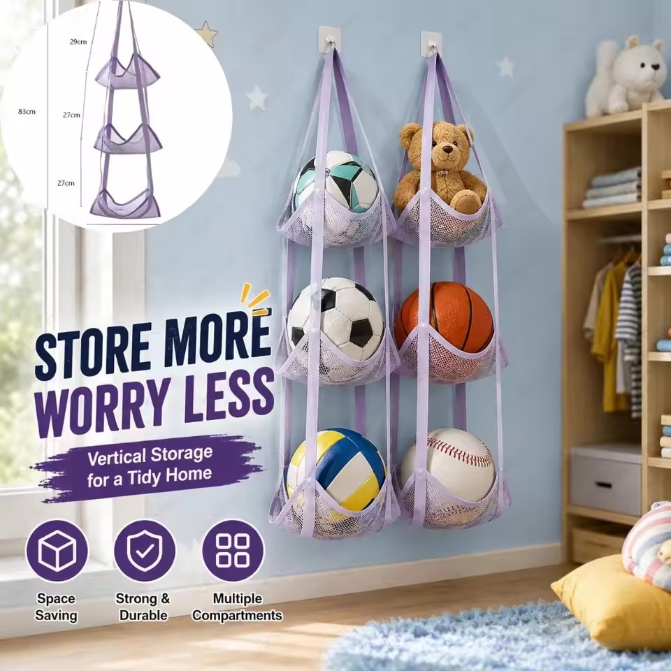 Home Door Hanging Ball Storage Bag Wall Mounted Sports Organizer for Football Basketball Helmets Dolls and Convenient Access