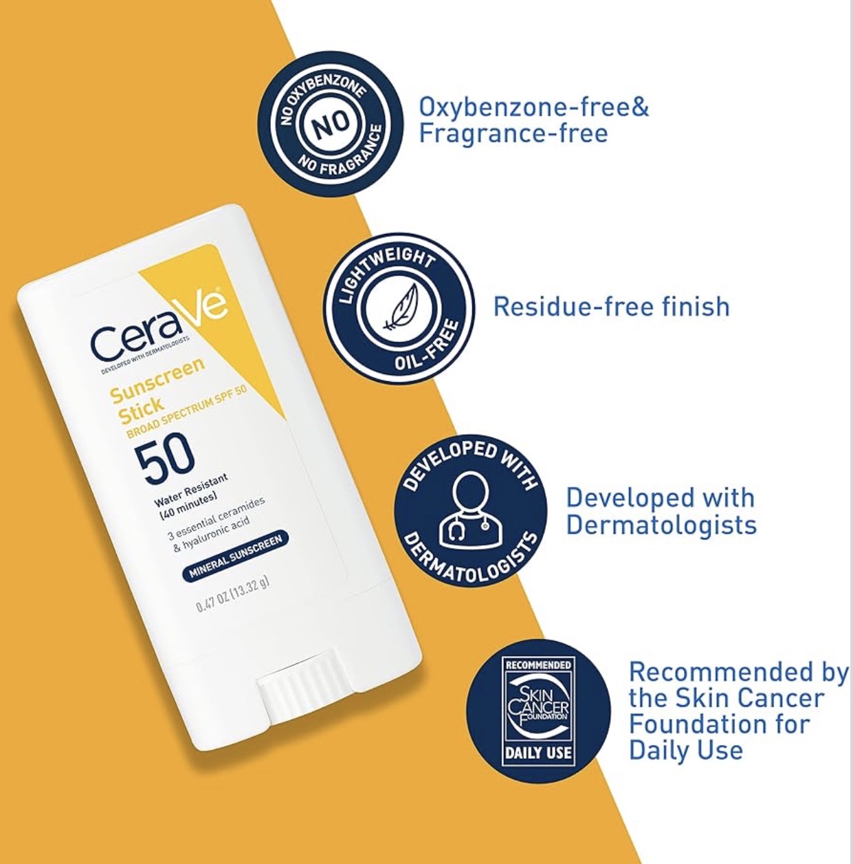 Water Resistant CERAV Mineral Sunscreen Stick SPF 50, Broad Spectrum SPF + Hyaluronic Acid + Ceramides, Titanium Dioxide & Zinc Oxide, 100% Mineral Face Sunscreen Stick, Fragrance Free & Oil Free