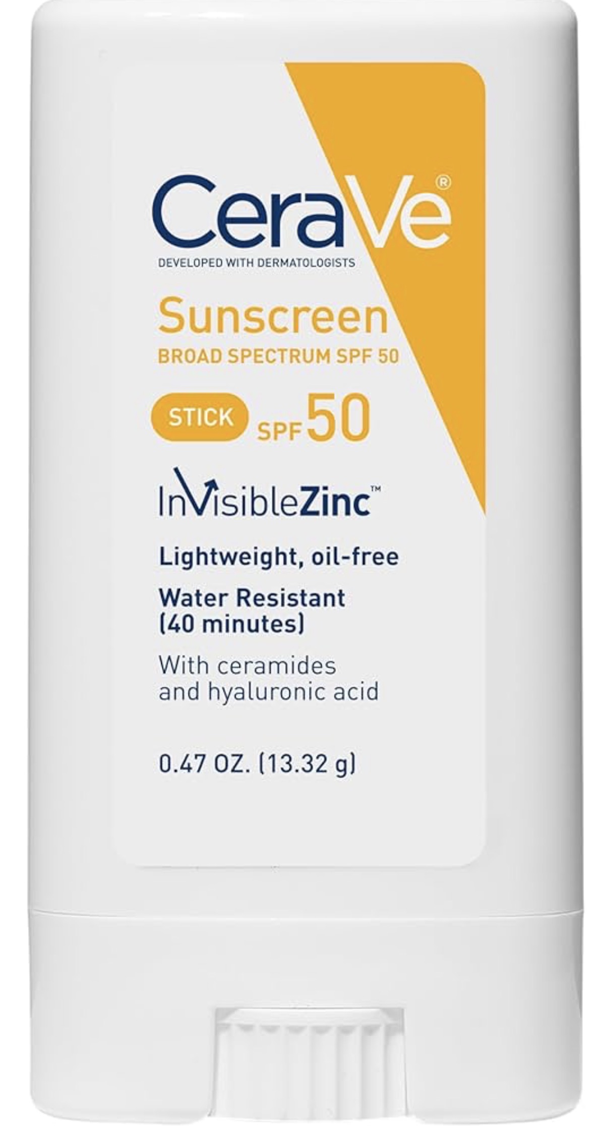 Water Resistant CERAV Mineral Sunscreen Stick SPF 50, Broad Spectrum SPF + Hyaluronic Acid + Ceramides, Titanium Dioxide & Zinc Oxide, 100% Mineral Face Sunscreen Stick, Fragrance Free & Oil Free