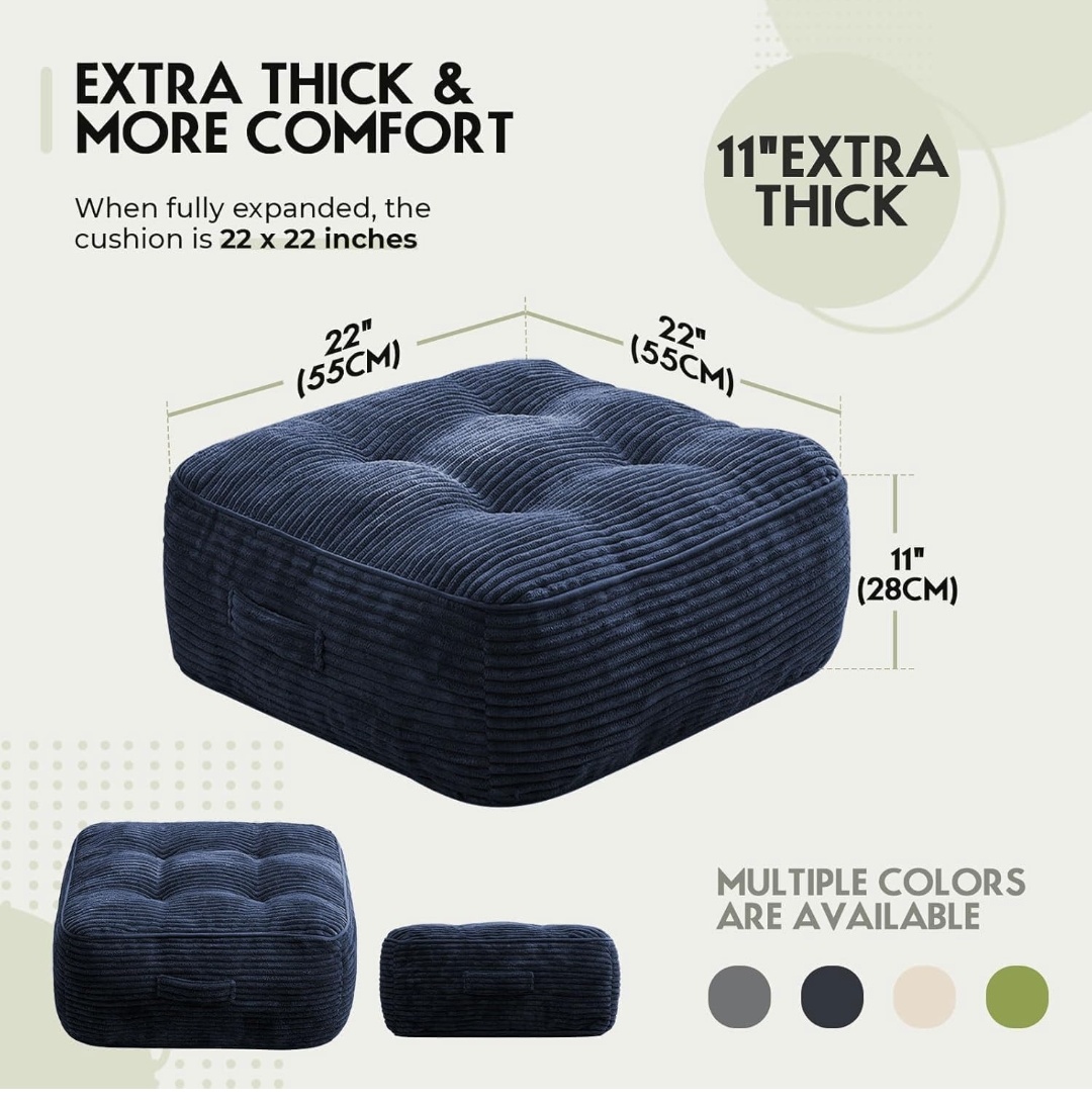 11" Thick Washable Floor Pillow for Adults, Yoga & Meditation Cushion with Handle, Square Large Pillows Seating with Removable Tufted Corduroy Cover for Tatami Living Room Board Games