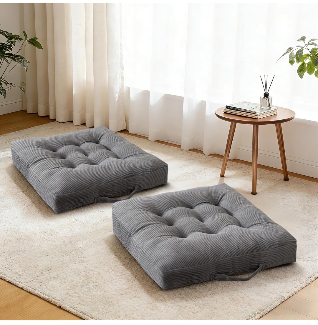 Corduroy Tufted Floor Cushions with Carry Handles – Set of 2, 24" x 24" x 5"