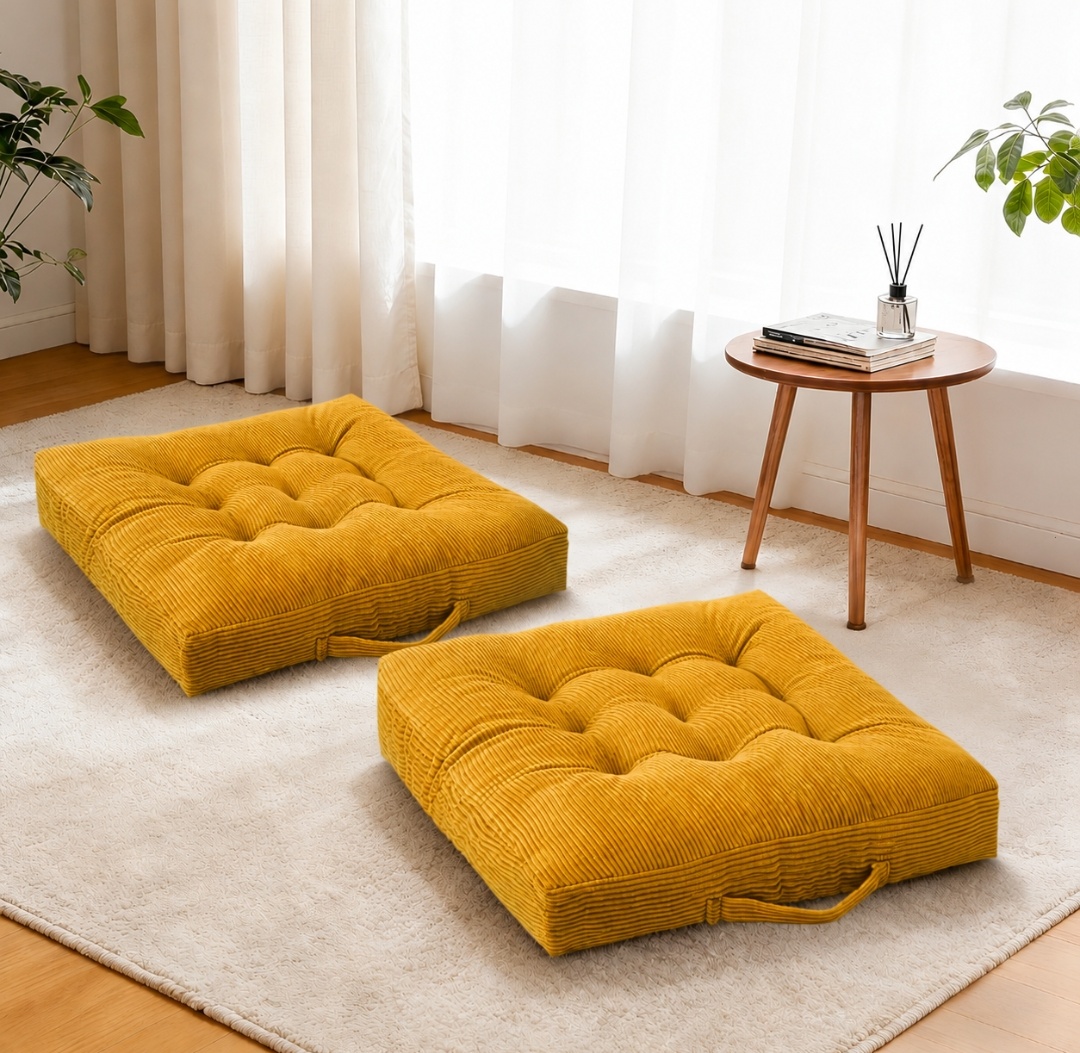 Corduroy Tufted Floor Cushions with Carry Handles – Set of 2, 24" x 24" x 5"