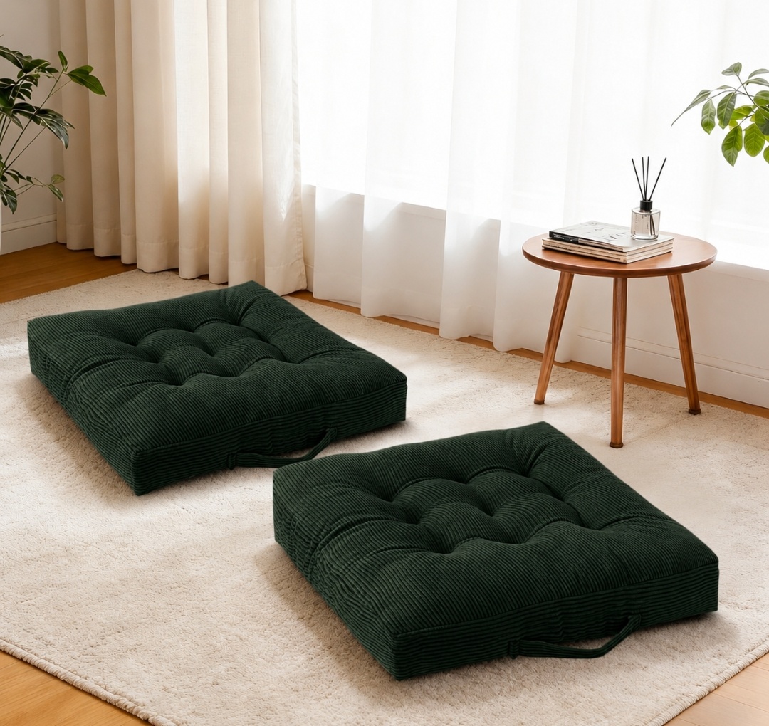 Corduroy Tufted Floor Cushions with Carry Handles – Set of 2, 24" x 24" x 5"
