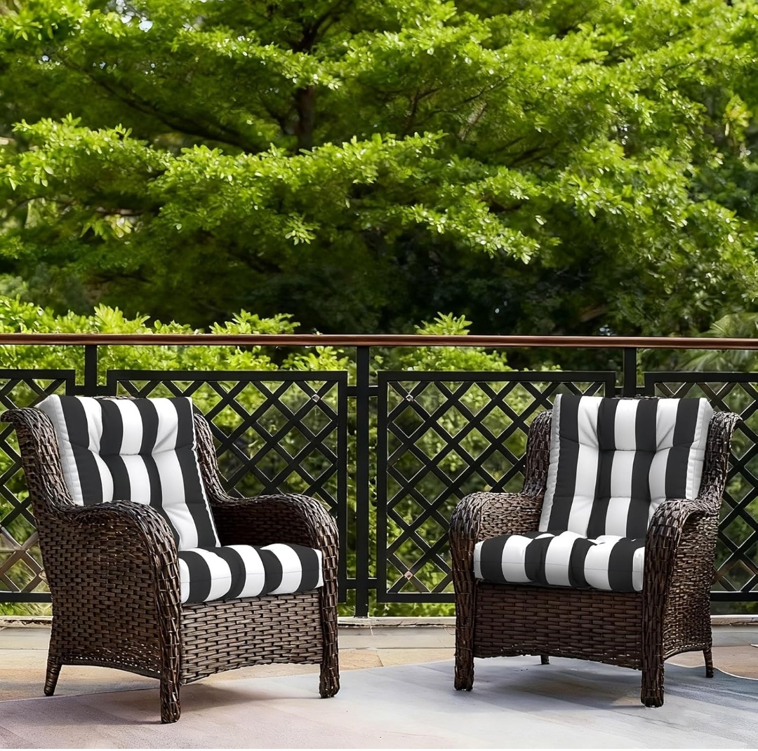 Indoor/Outdoor Tufted Low Back Chair Cushions – Set of 2 | Cabana Black Stripe | 42" L x 21" W(NO CHAIR)