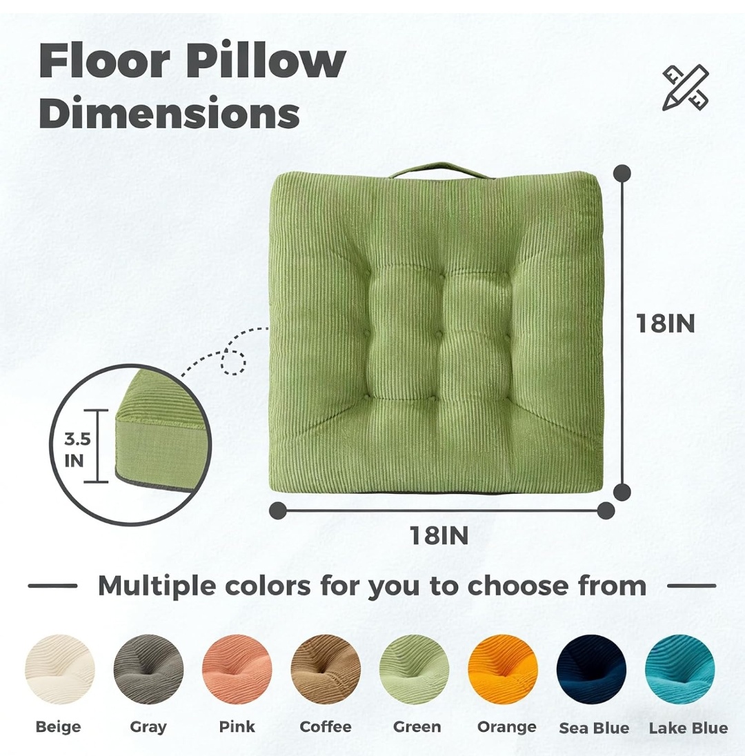 Corduroy Tufted Floor Cushions with Carry Handles – Set of 2, 24" x 24" x 5"