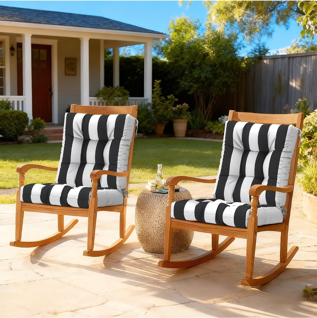 Indoor/Outdoor Tufted Low Back Chair Cushions – Set of 2 | Cabana Black Stripe | 42" L x 21" W(NO CHAIR)