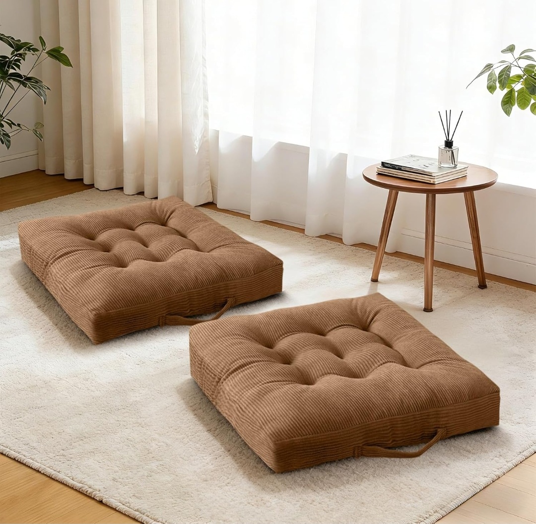 Corduroy Tufted Floor Cushions with Carry Handles – Set of 2, 24" x 24" x 5"