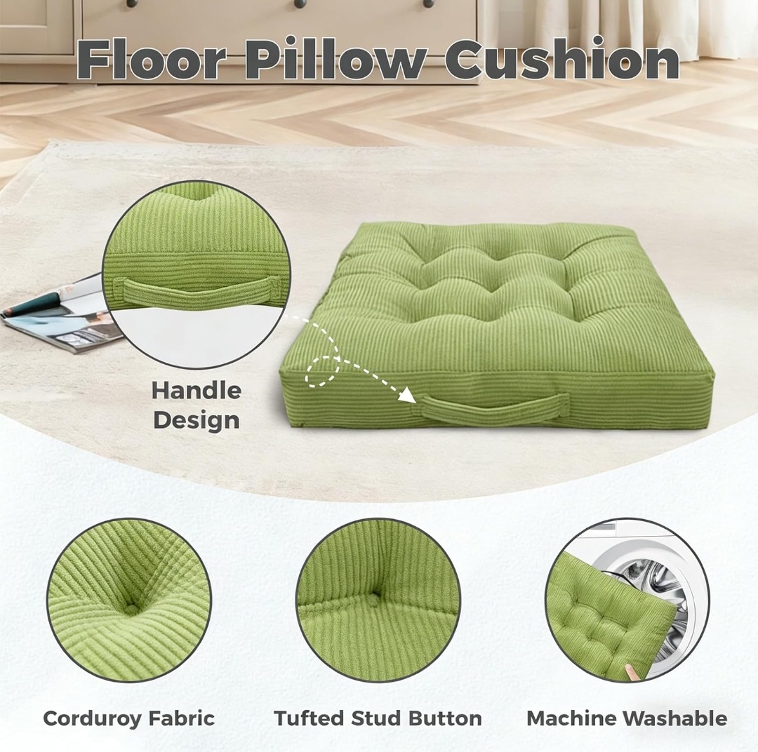 Corduroy Tufted Floor Cushions with Carry Handles – Set of 2, 24" x 24" x 5"
