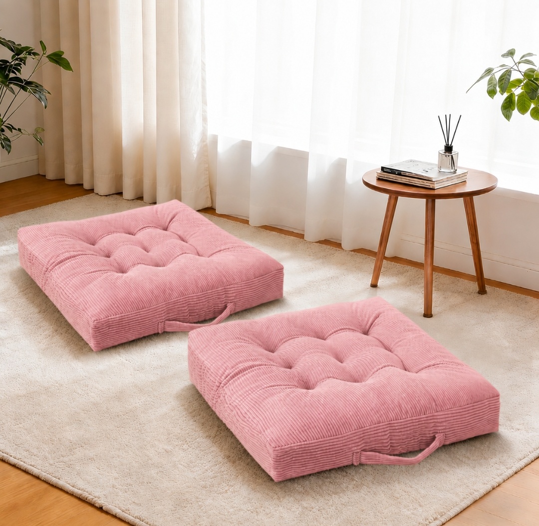 Corduroy Tufted Floor Cushions with Carry Handles – Set of 2, 24" x 24" x 5"