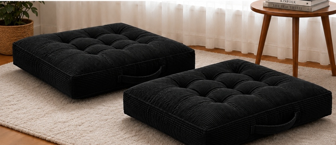 Corduroy Tufted Floor Cushions with Carry Handles – Set of 2, 24" x 24" x 5"