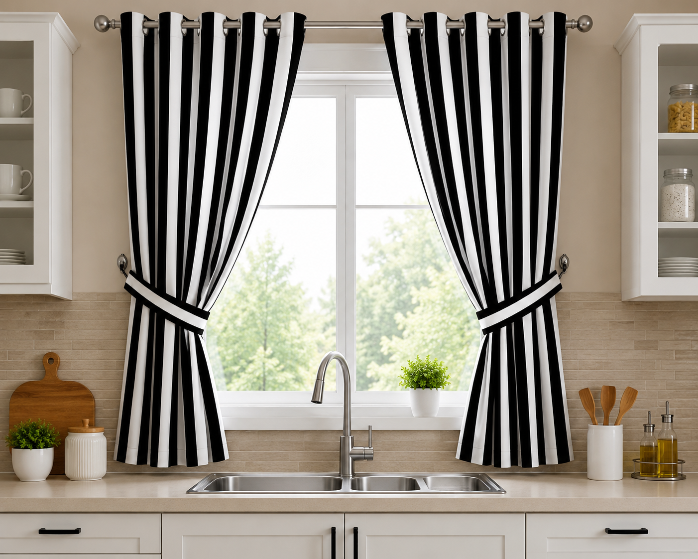 2-Piece Black & White Striped Kitchen Curtain Set