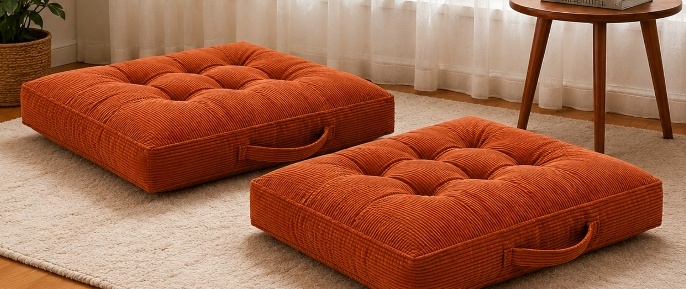 Corduroy Tufted Floor Cushions with Carry Handles – Set of 2, 24" x 24" x 5"