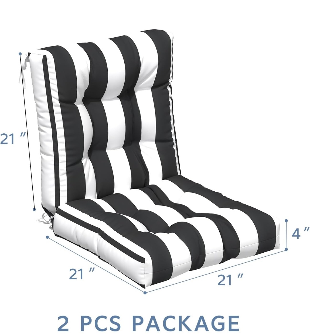 Indoor/Outdoor Tufted Low Back Chair Cushions – Set of 2 | Cabana Black Stripe | 42" L x 21" W(NO CHAIR)