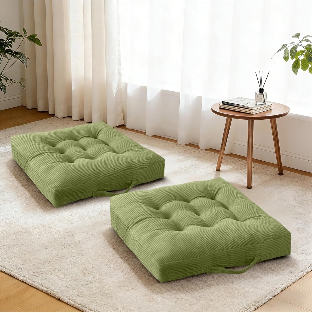 Corduroy Tufted Floor Cushions with Carry Handles – Set of 2, 24" x 24" x 5"