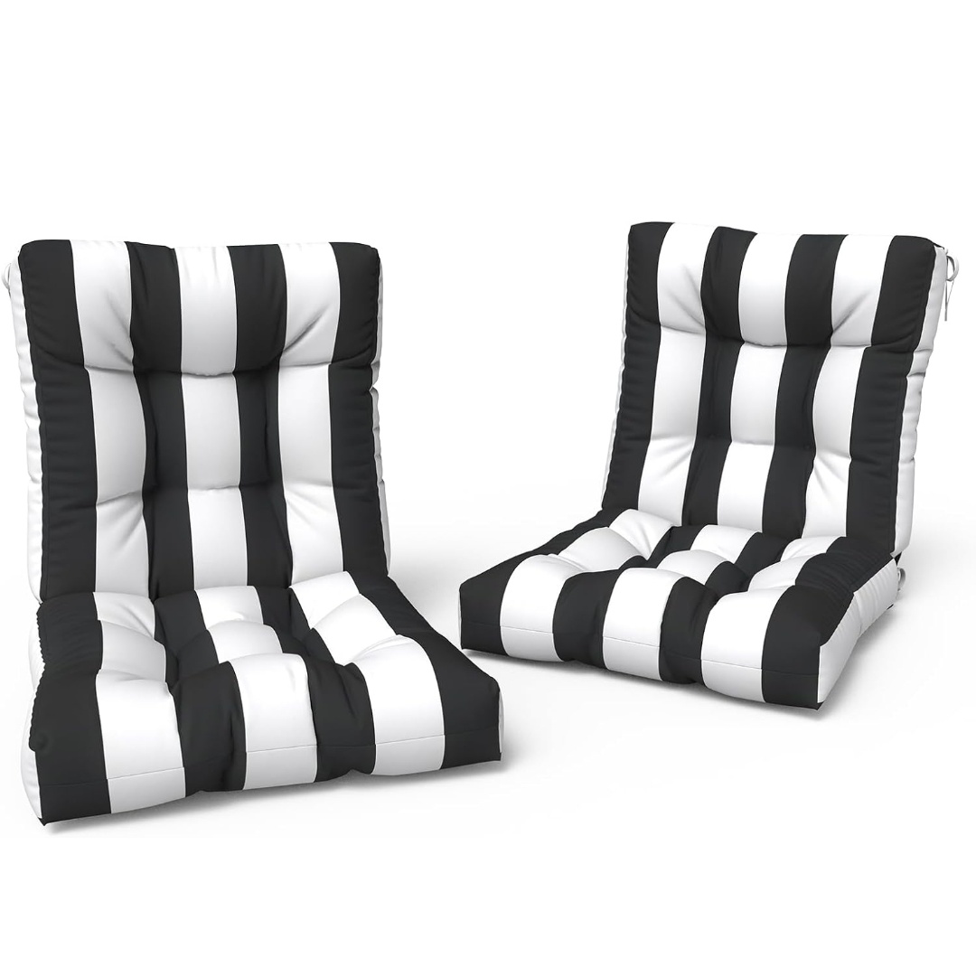 Indoor/Outdoor Tufted Low Back Chair Cushions – Set of 2 | Cabana Black Stripe | 42" L x 21" W(NO CHAIR)