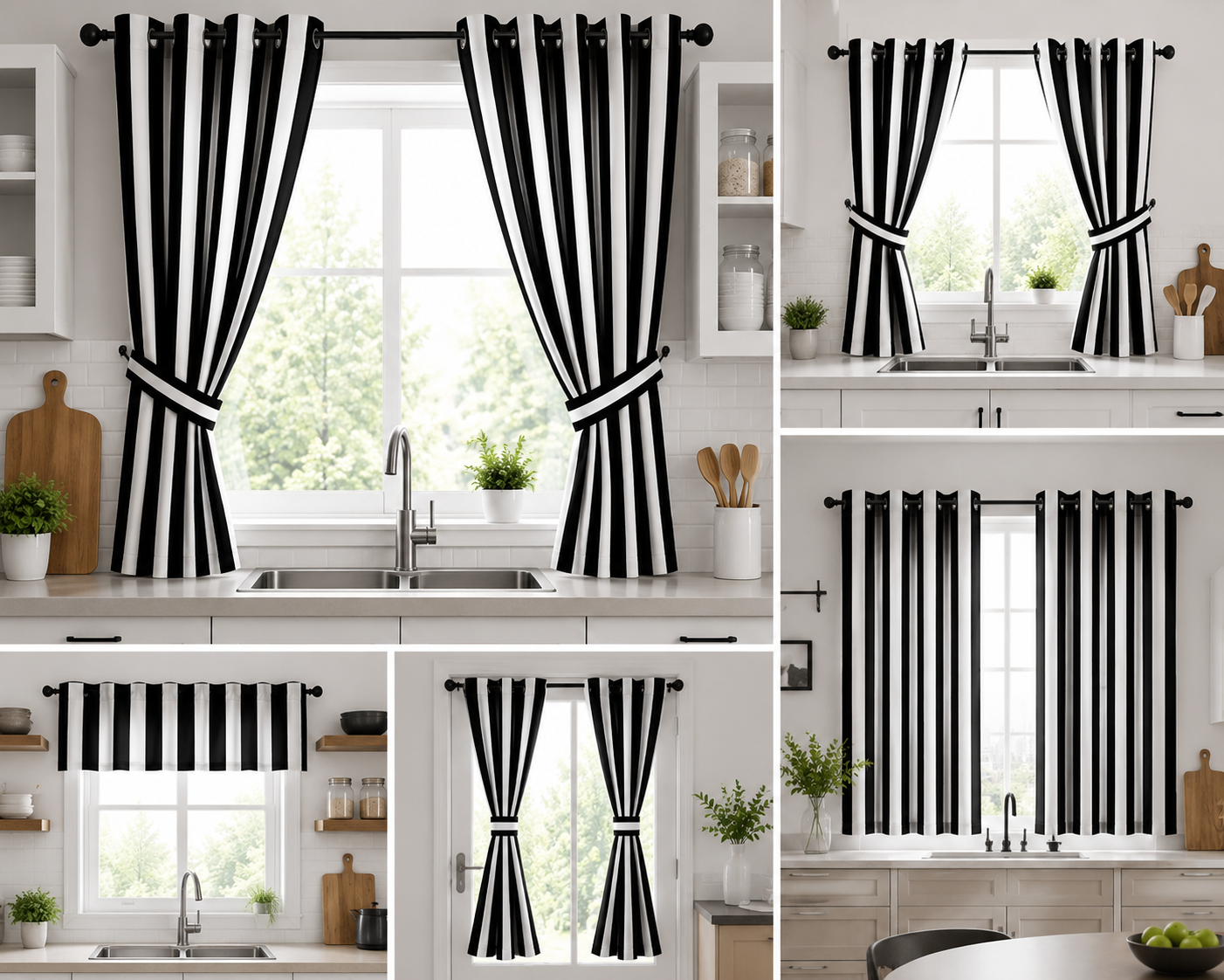 2-Piece Black & White Striped Kitchen Curtain Set