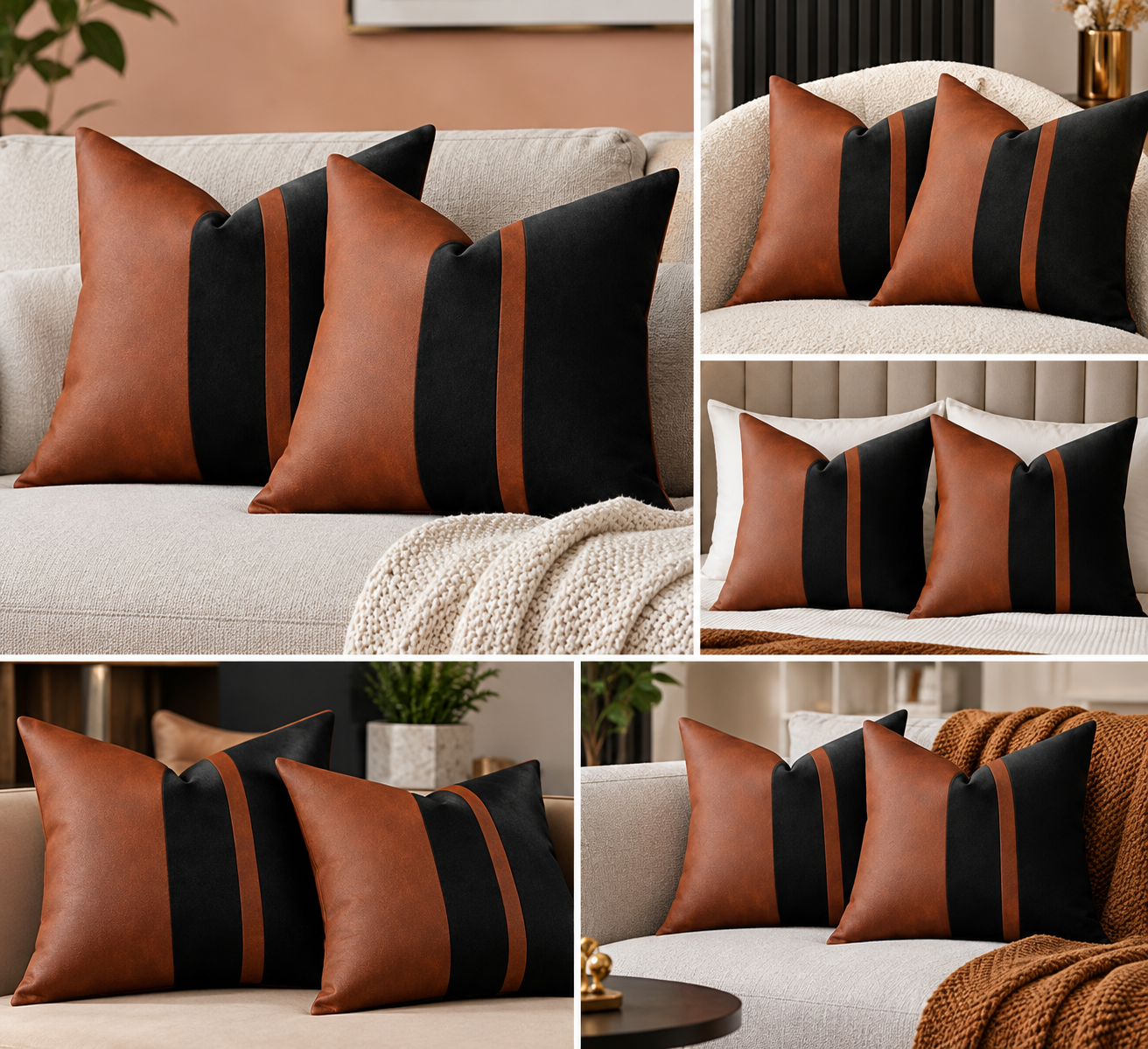Set of 2 Vintage Brown Leather & Black Velvet Throw Pillow Covers – 18x18 Soft Luxurious Modern Retro Pillow Cases for Sofa Bed Car Office, Versatile Home Decor