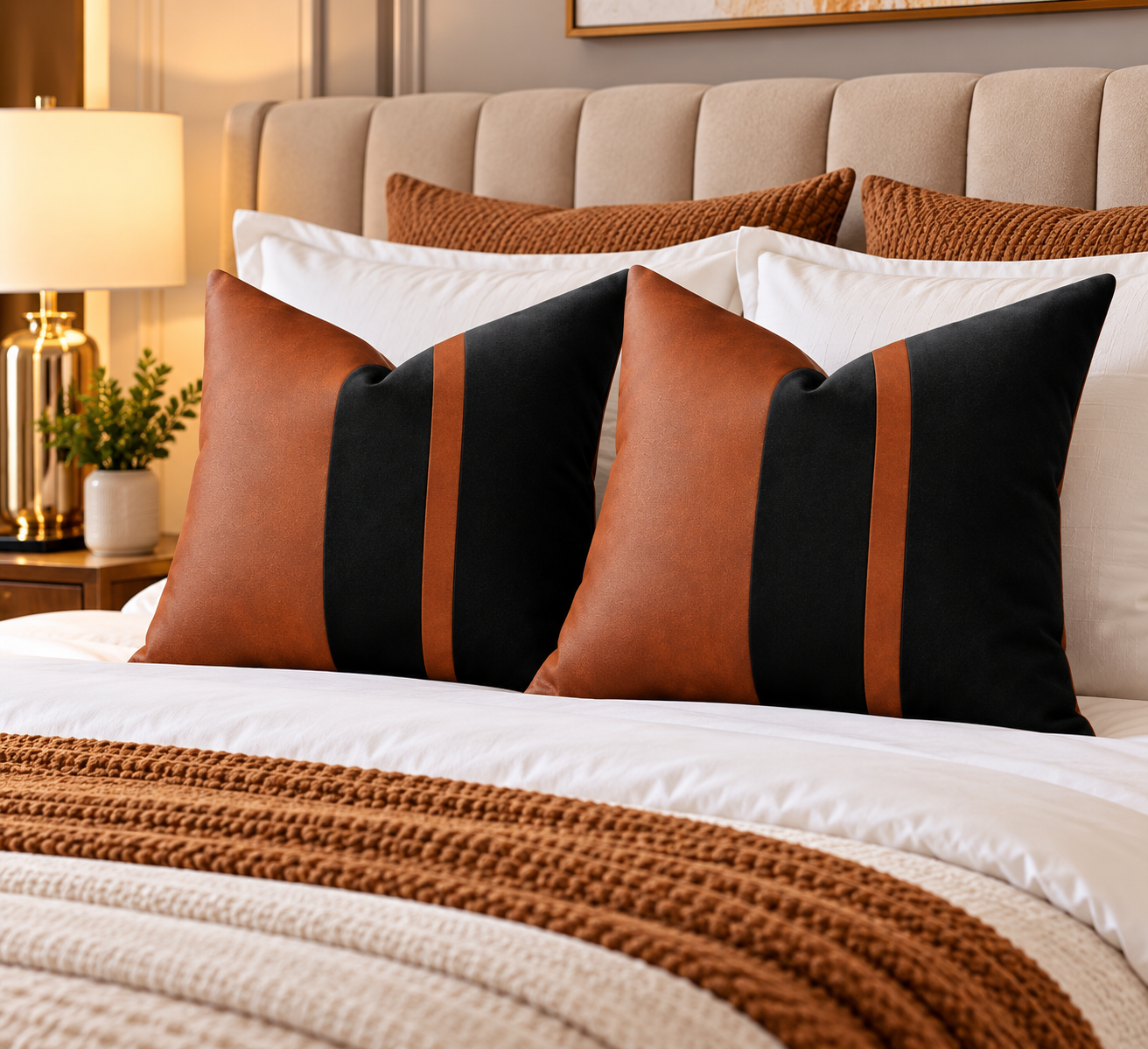 Set of 2 Vintage Brown Leather & Black Velvet Throw Pillow Covers – 18x18 Soft Luxurious Modern Retro Pillow Cases for Sofa Bed Car Office, Versatile Home Decor