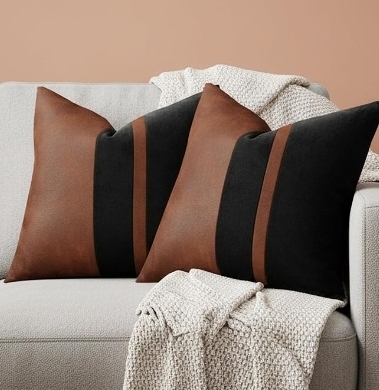 Set of 2 Vintage Brown Leather & Black Velvet Throw Pillow Covers – 18x18 Soft Luxurious Modern Retro Pillow Cases for Sofa Bed Car Office, Versatile Home Decor