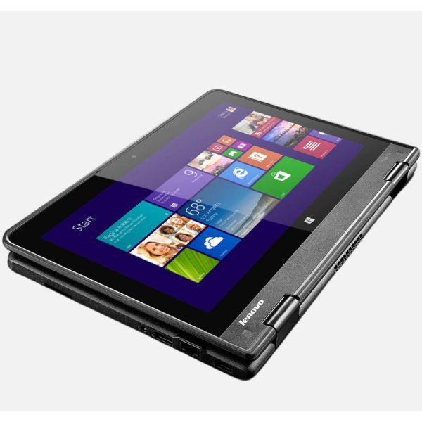 Budget friendly Lenovo Yoga 11e 2-in-1 laptop with 8th Gen Intel Core m3 processor, 8GB RAM, 128GB SSD and 11.6-inch HD touchscreen. Features a 360° convertible design for laptop, tablet,