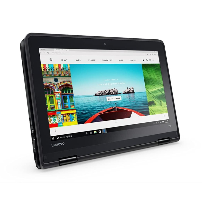 Budget friendly Lenovo Yoga 11e 2-in-1 laptop with 8th Gen Intel Core m3 processor, 8GB RAM, 128GB SSD and 11.6-inch HD touchscreen. Features a 360° convertible design for laptop, tablet,