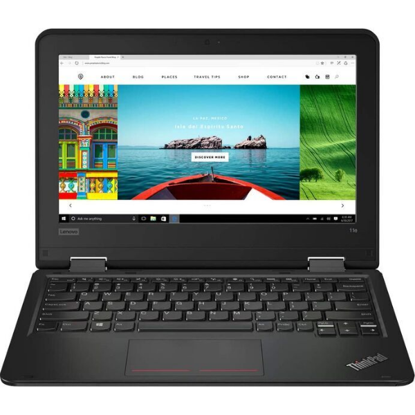 Budget friendly Lenovo Yoga 11e 2-in-1 laptop with 8th Gen Intel Core m3 processor, 8GB RAM, 128GB SSD and 11.6-inch HD touchscreen. Features a 360° convertible design for laptop, tablet,