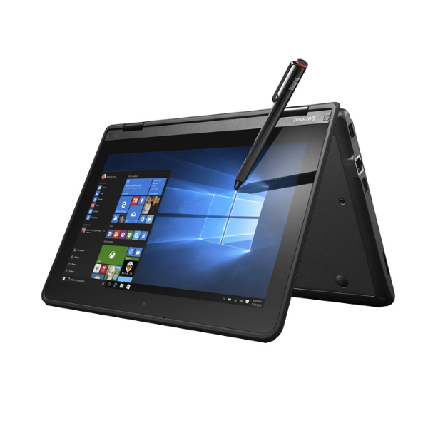 Budget friendly Lenovo Yoga 11e 2-in-1 laptop with 8th Gen Intel Core m3 processor, 8GB RAM, 128GB SSD and 11.6-inch HD touchscreen. Features a 360° convertible design for laptop, tablet,