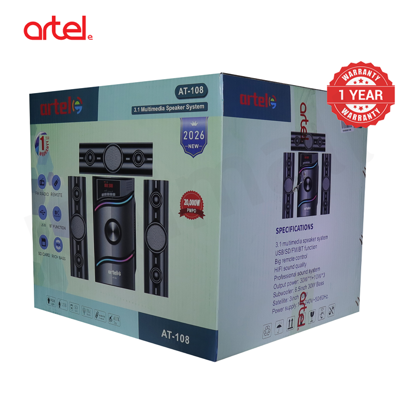 Artel AT-108 3.1CH Multimedia Bluetooth Subwoofer Speaker, 20000W High Power Home Audio System Supports Bluetooth/USB/SD/FM Multi-Mode Playback, Remote Control,1 Year Warranty.
