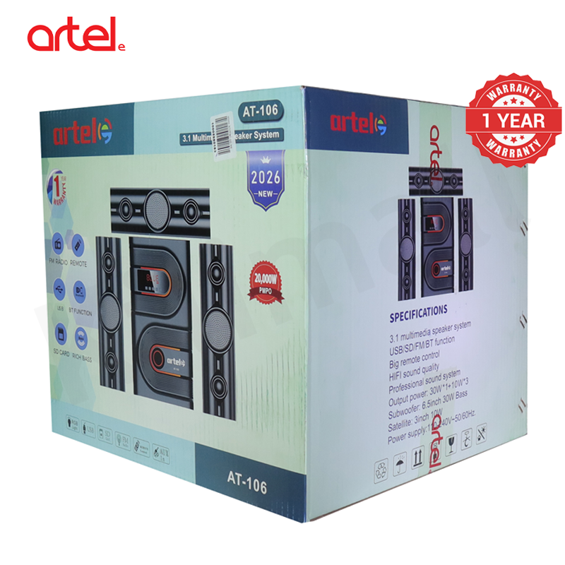 Artel AT-106 3.1CH Multimedia Bluetooth Subwoofer Speaker, 20000W High Power Home Audio System Supports Bluetooth/USB/SD/FM Multi-Mode Playback, Remote Control Included, 1 Year Warranty
