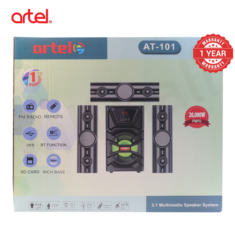 Artel AT-101 3.1CH Multimedia Bluetooth Subwoofer Speaker, 20000W PMPO High Power Home Audio System with Bluetooth/USB/SD/FM/AUX Multi-Mode Playback, RGB Light Effect, Remote Control 1 Year Warranty